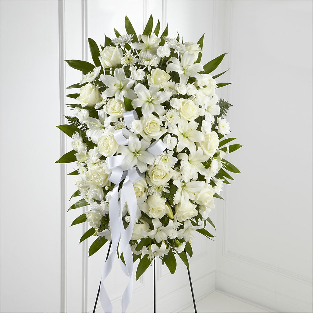 Exquisite Tribute Standing Spray-White Ribbon – Danville Floral And Gifts Llc, Danville IL