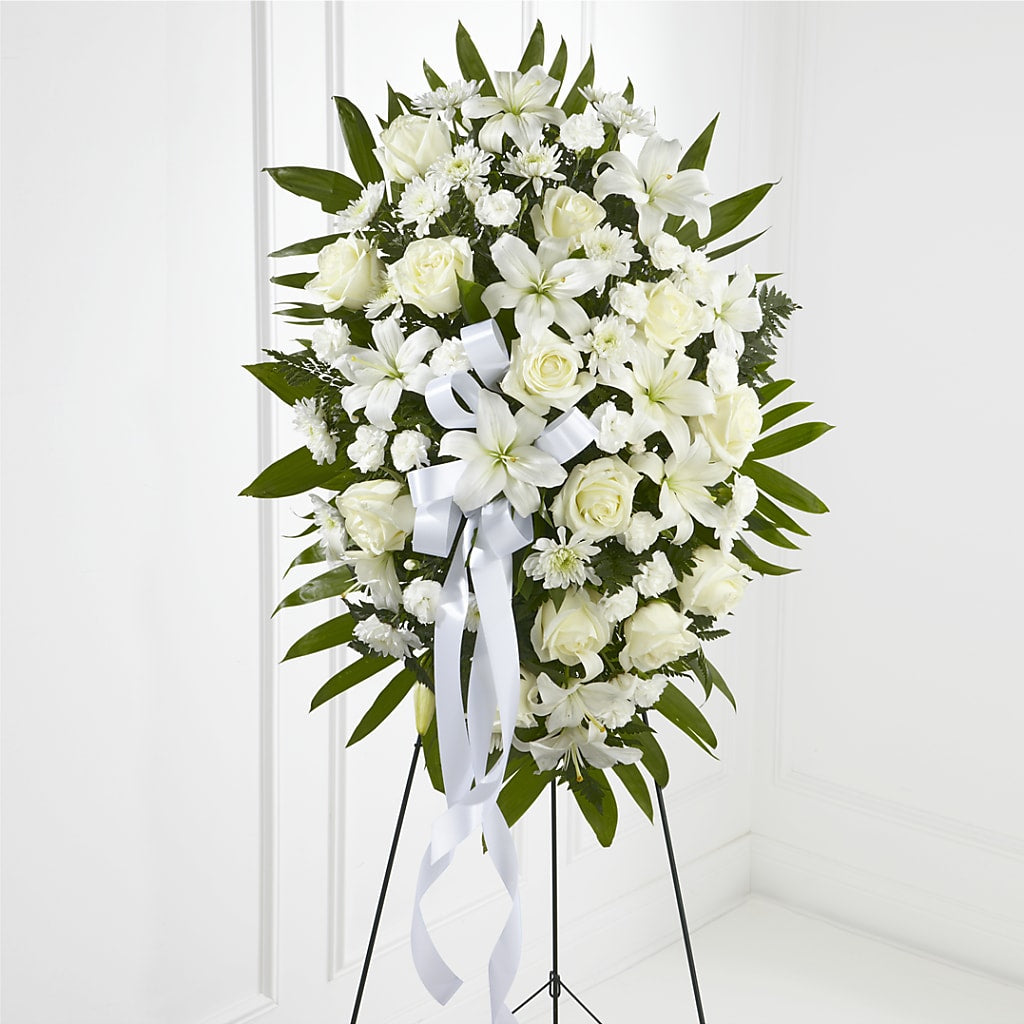 Exquisite Tribute Standing Spray-White Ribbon – Danville Floral And Gifts Llc, Danville IL